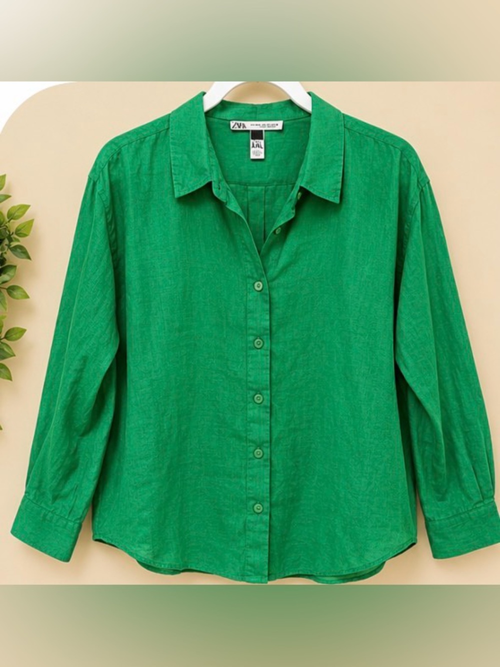 Zara Green Button-Front Linen Shirt - Women's. XXL. NWT